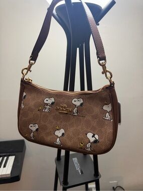 COACH Brown Snoopy Print Leather Shoulder Bag with Gold Hardware